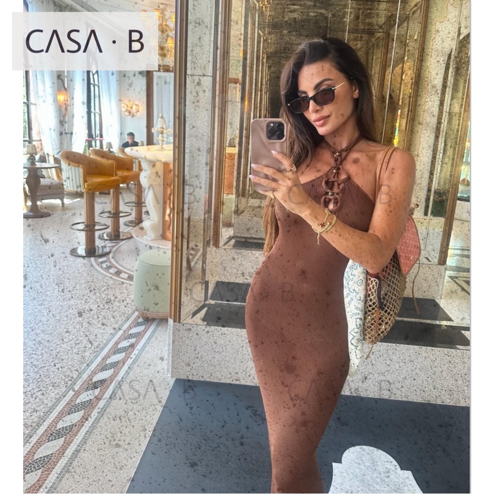 SOON to CASA B| Cocoa Veil Beaded Halter Maxi Elegant Evening Maxi Dress